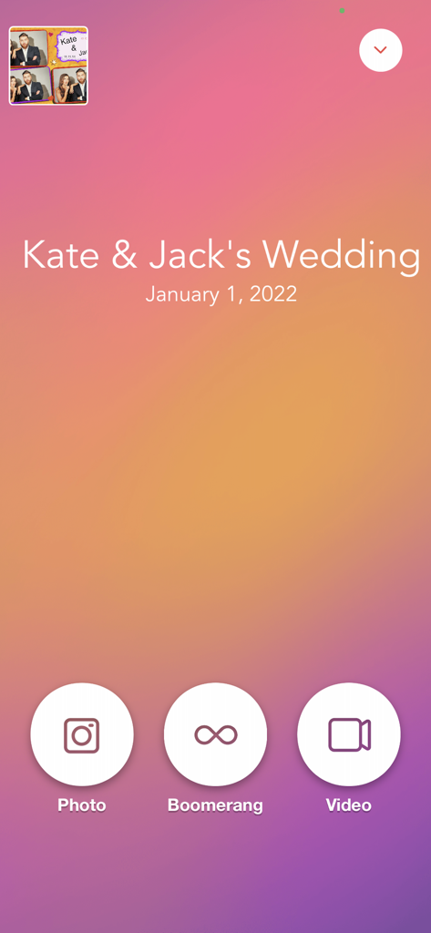 LumaBooth app interface for a wedding showing photo boomerang and video capture options