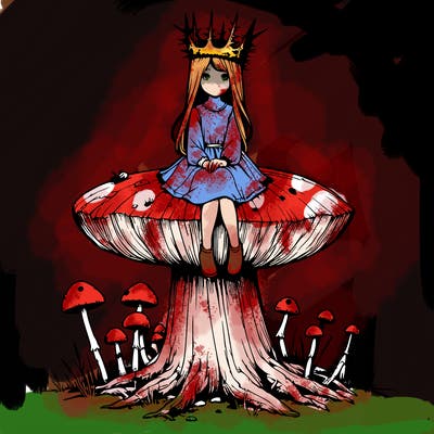 realistic girl sitting on a huge tree stump size toadstool with thorn crown