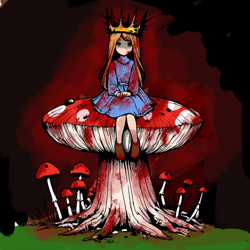 realistic girl sitting on a huge tree stump size toadstool with thorn crown