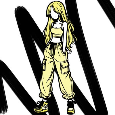 girl in baggy pants crop top and long hair