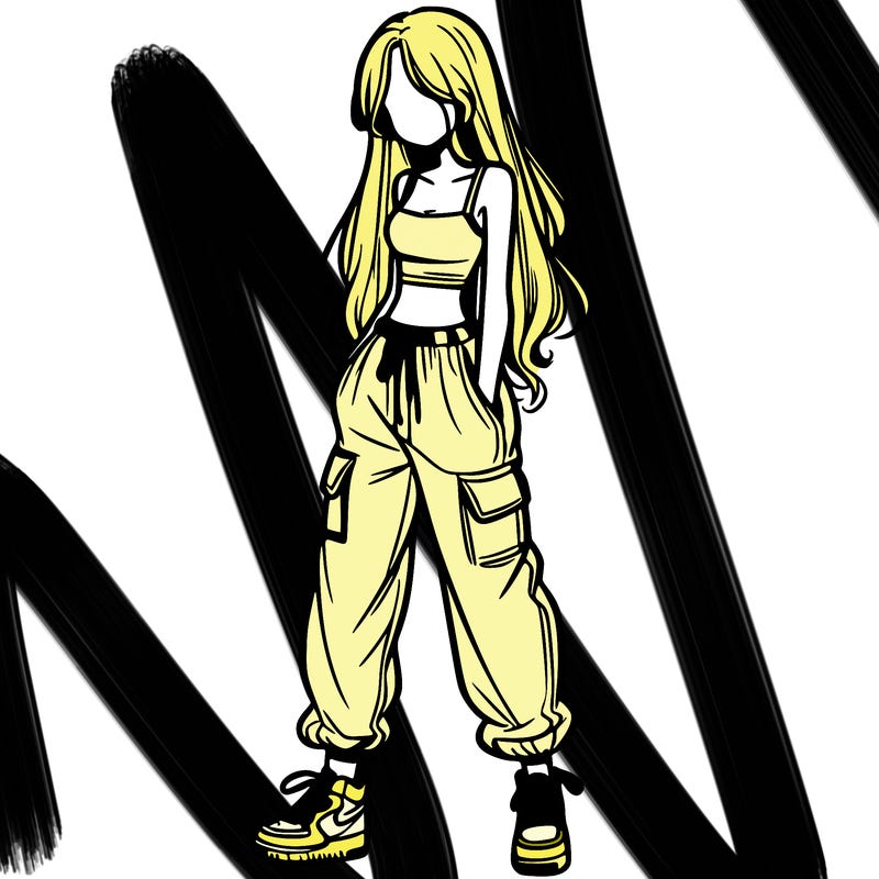 girl in baggy pants crop top and long hair