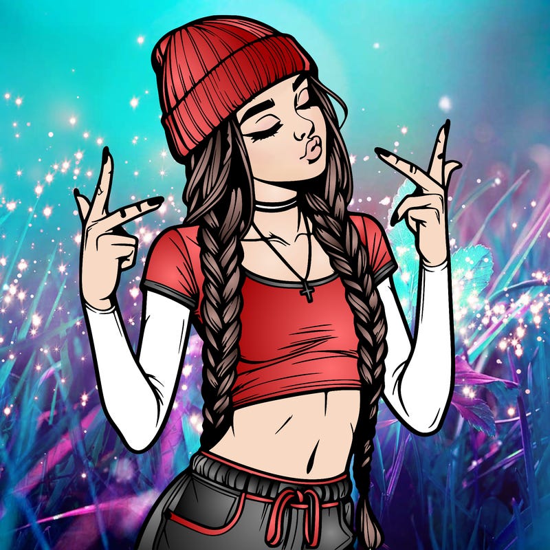 realistic teenage girl with braids and a beanie and crop top doing 🫶🏼