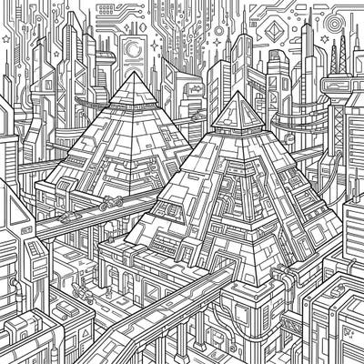 Step into a breathtaking fusion of ancient mystique and futuristic innovation with this stunning cyberpunk pyramids coloring page. Immerse yourself in a world of high-tech architecture, intricate circuits, and advanced vehicles as you bring this unique cityscape to life.