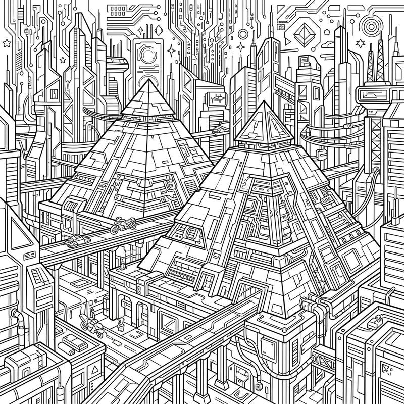 Step into a breathtaking fusion of ancient mystique and futuristic innovation with this stunning cyberpunk pyramids coloring page. Immerse yourself in a world of high-tech architecture, intricate circuits, and advanced vehicles as you bring this unique cityscape to life.