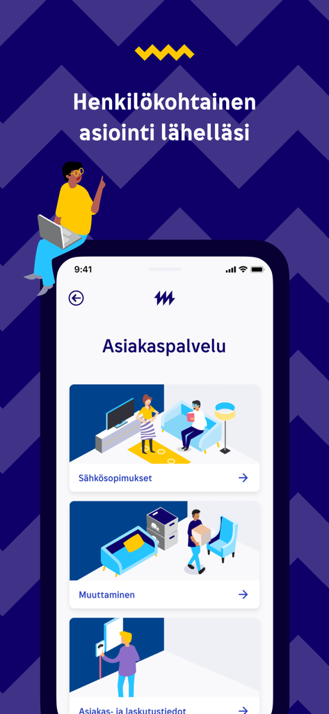 Oma Helen - Oma Helen app customer service screen with options for electricity contracts and moving.
