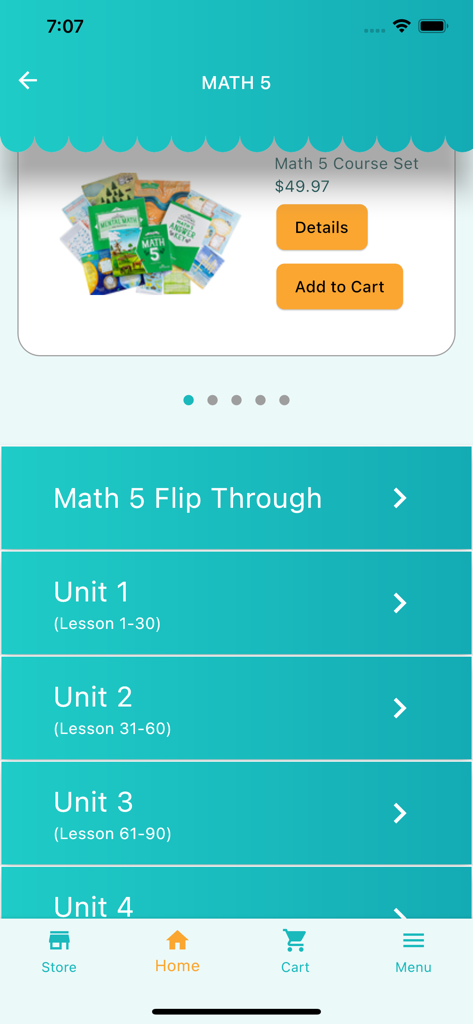 Homeschool Good and Beautiful app displaying the Math 5 course set and unit lessons