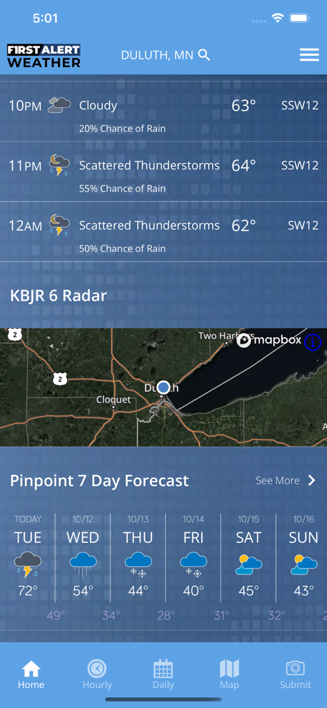 Northern News Now First Alert - Interface of the Northern News Now First Alert Weather app showing Duluth forecasts and radar