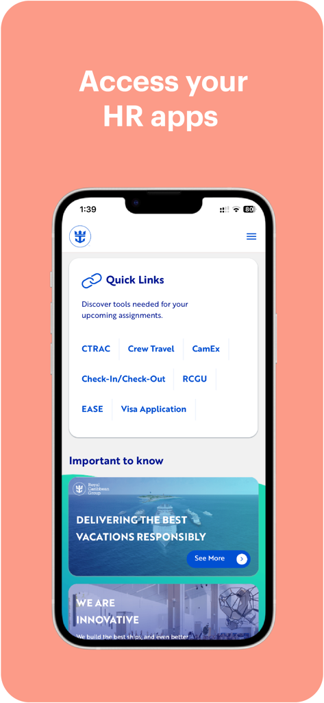 MyRCL app dashboard showing quick links for crew member HR tools