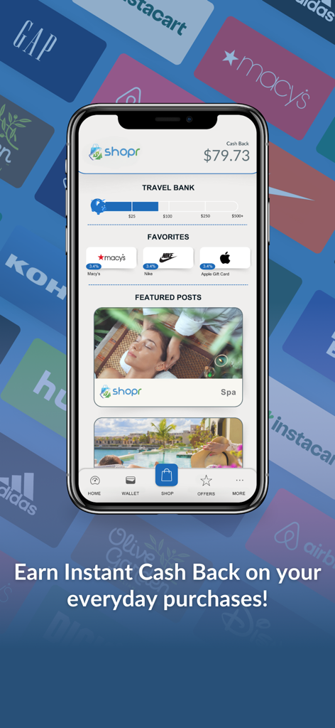 Interfaz de la aplicación móvil Shopr Rewards que muestra un saldo de reembolso en efectivo de setenta y nueve dólares con setenta y tres centavos con marcas favoritas como Macy's y Nike