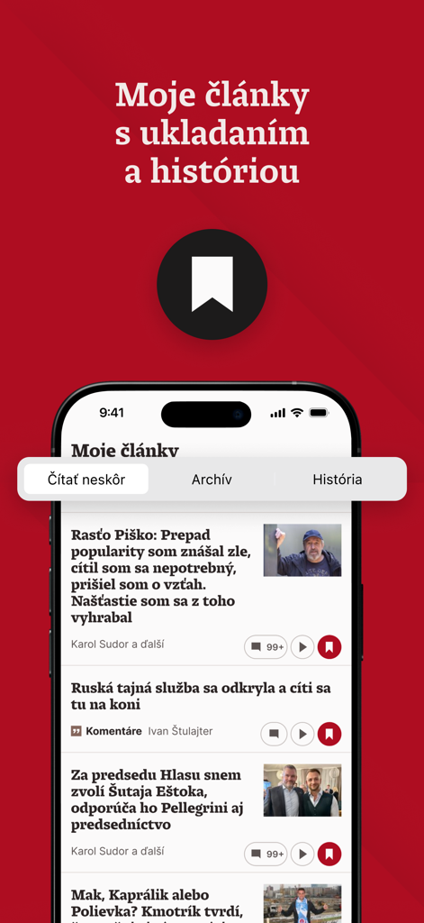 Denník N - Bildschirm der Dennik N Mobil-App mit dem Bereich 'Meine Artikel', gespeicherten Nachrichten und dem Leseverlauf