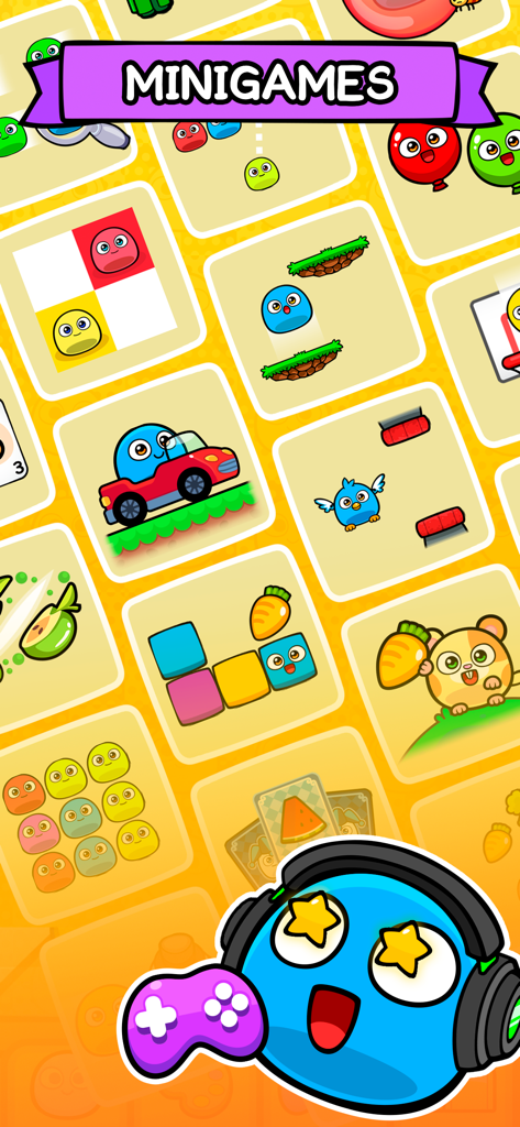 My Boo: Virtual pet Take care - A collage of colorful minigames featuring Boo the virtual pet with a game controller and headphones.