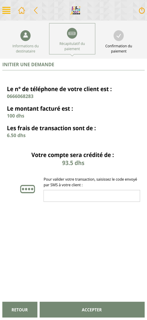 Jibi Pro app payment summary screen showing transaction amount and merchant fees
