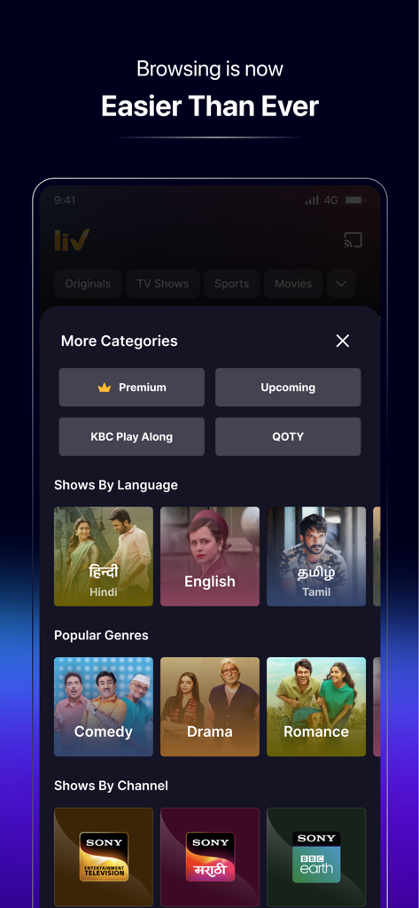 Sony LIV - Interfaccia dell'app Sony LIV che mostra categorie di navigazione per lingua, genere e canali Sony.