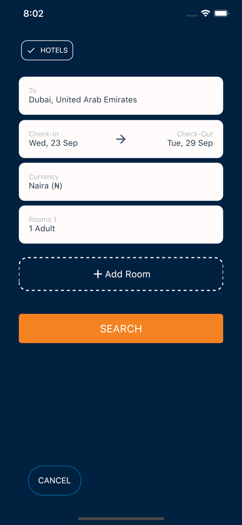 Wakanow Affiliates - Hotel search screen in Wakanow Affiliates app for Dubai destination