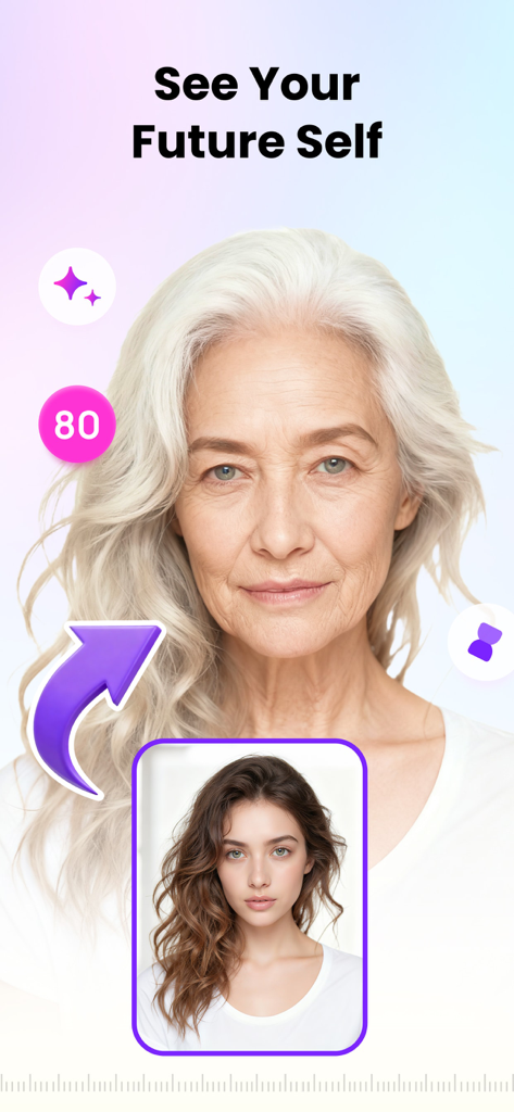 Ageroom - AI Photo Generator - El rostro de una mujer joven transformándose en una versión mayor de sí misma usando la función de envejecimiento con IA