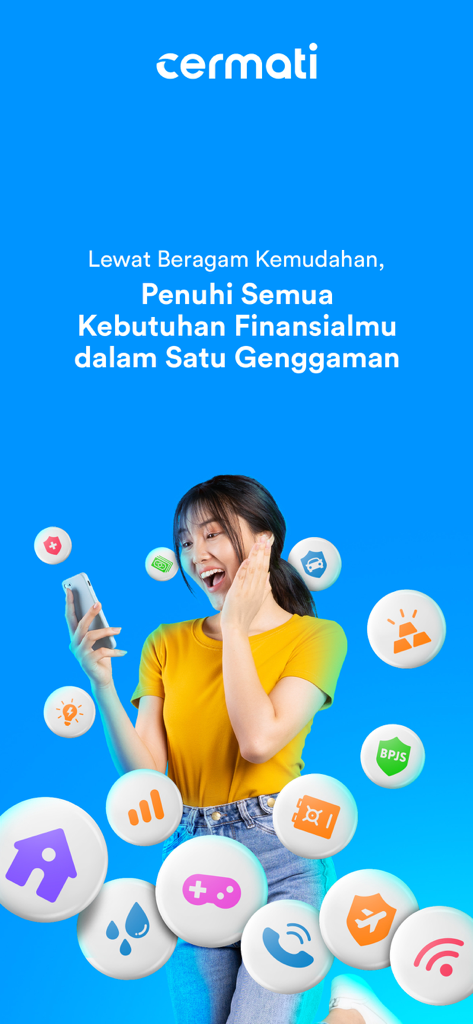 Cermati - Cek SLIK & Asuransi - A woman using her smartphone surrounded by icons representing different financial services in the Cermati app