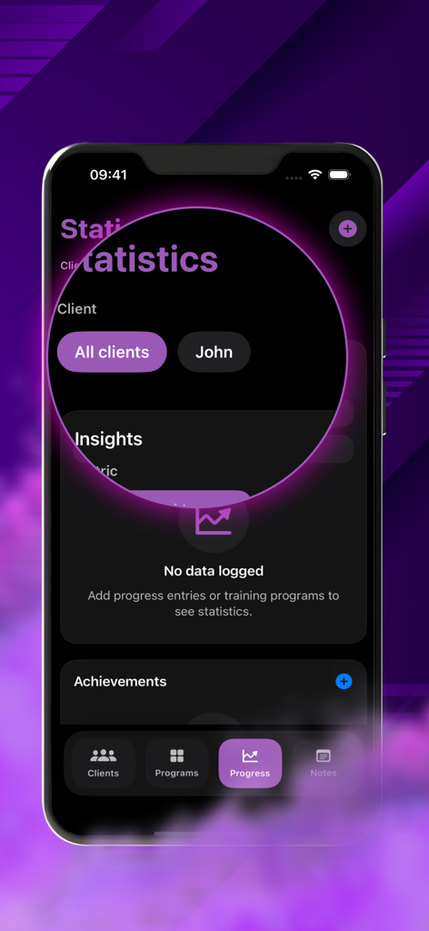Prize Sport Helper - Statistics and progress tracking dashboard in the Prize Sport Helper app for fitness coaches.