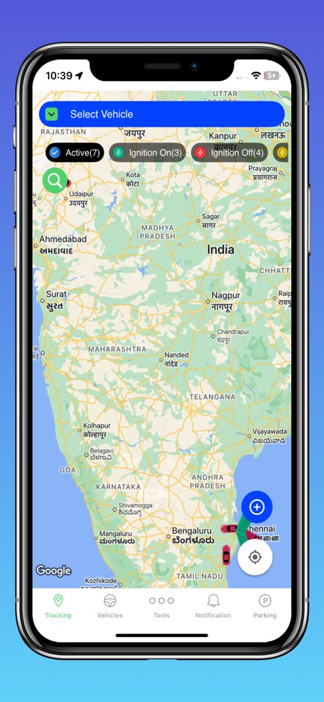 Gro Fleet - Real-time vehicle tracking dashboard showing multiple car locations and ignition status on a map