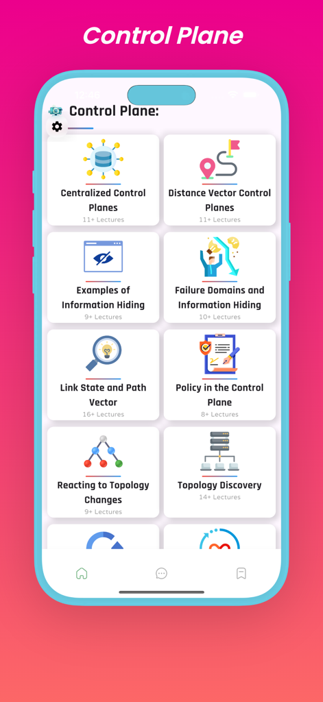 Learn Computer Networking Pro - Educational app screen displaying networking modules for control plane concepts including centralized control planes and topology discovery