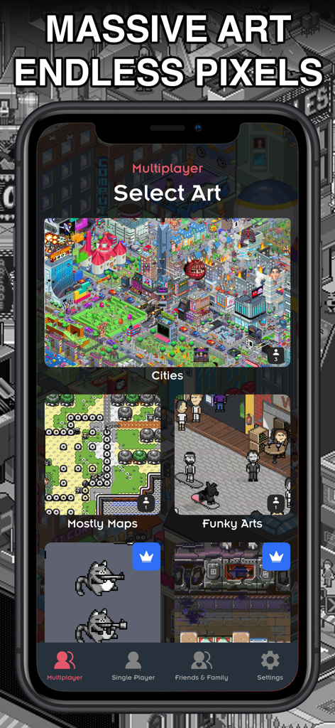 Color by Pixel Paint by Number - Pantalla de selección multijugador en la aplicación Color by Pixel que presenta varias categorías de imágenes de pixel art.
