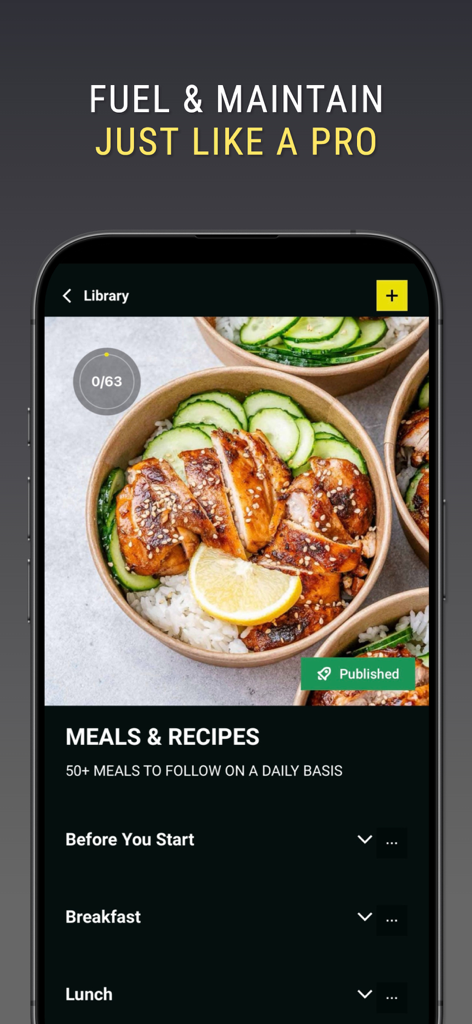 Mobile app screen for PAPS Training showing a healthy chicken and rice bowl in the meals and recipes section for athletes.