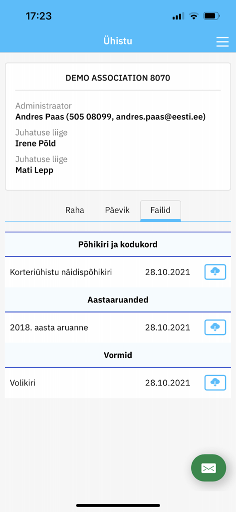 Korto - Mobile app interface of Korto displaying property association documents and annual reports with download options.