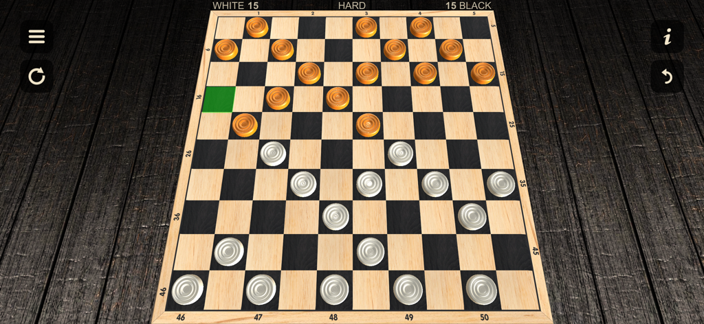 A 3D realistic wooden checkerboard with orange and white pieces during a game session