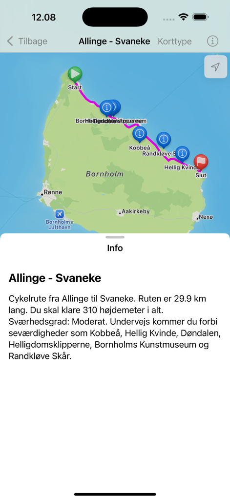 Bike Routes on Bornholm - Karte der Fahrradroute von Allinge nach Svaneke mit Entfernungs- und Höhenangaben