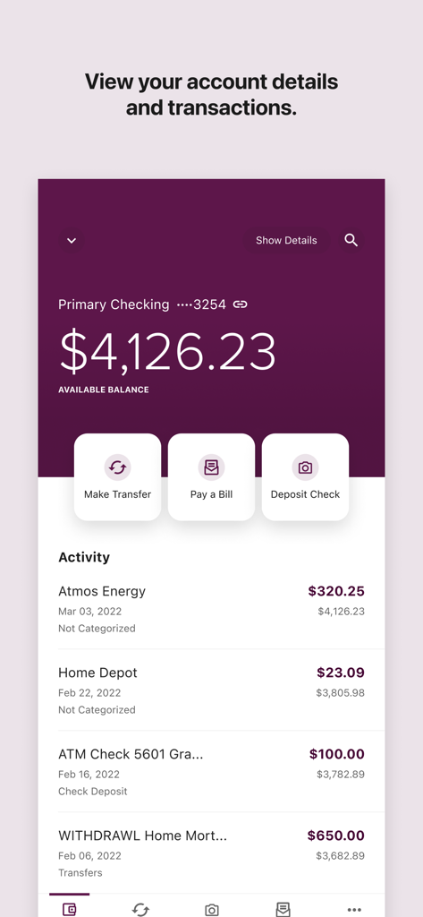STCU Mobile Banking app screen showing account balance and recent transaction activity