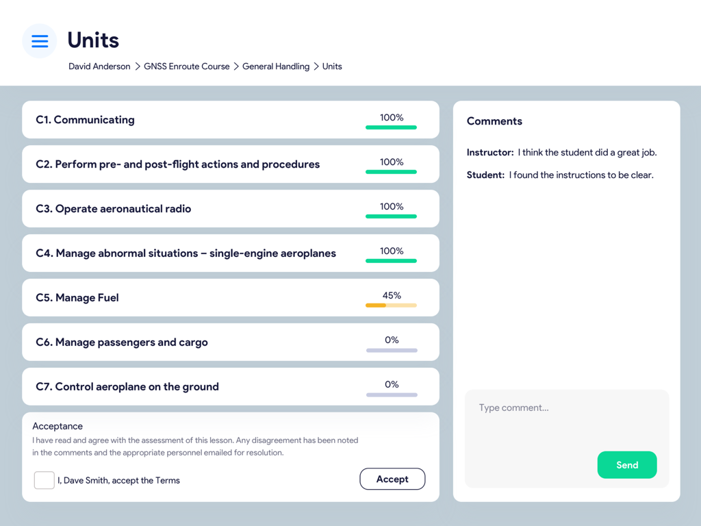 Check and Train app interface showing flight training unit progress bars and instructor comments.
