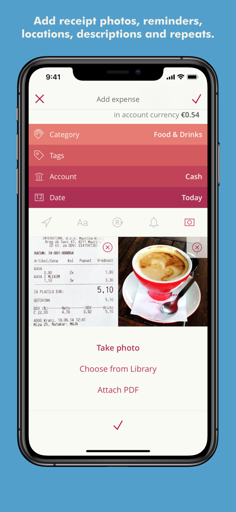 Toshl Finance - Best Budget - Toshl Finance mobile app interface showing how to add an expense with receipt photos and transaction details.
