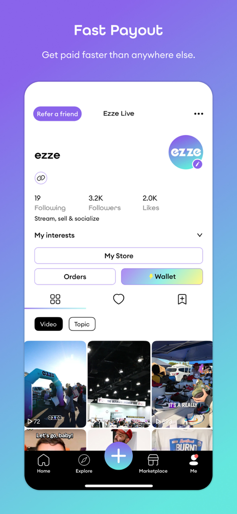 ezze: Stream, Shop & Socialize - User profile screen in ezze app showing follower counts and wallet access