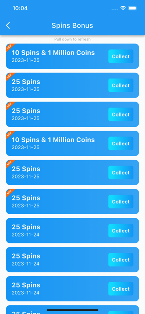 Interface of SpinLink app showing a list of daily free spins and coins bonuses to collect