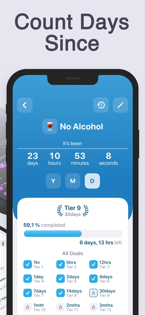 Days Since Counter: Quitly - Panel de la app Quitly mostrando un contador de días desde la última bebida con niveles de progreso de hábitos