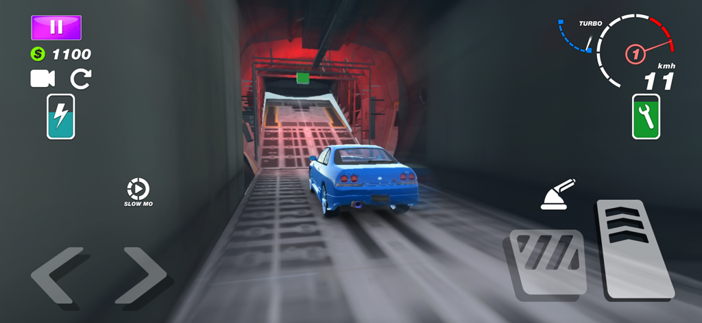 Car Crash — Battle Royale - A blue sports car driving through a tunnel in a car crash simulation game for mobile.