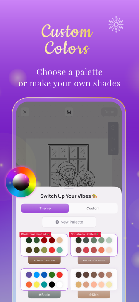 Adult Coloring Book - Artasy - Interfaz de la aplicación Artasy mostrando ruedas de colores personalizadas y paletas festivas de temporada.