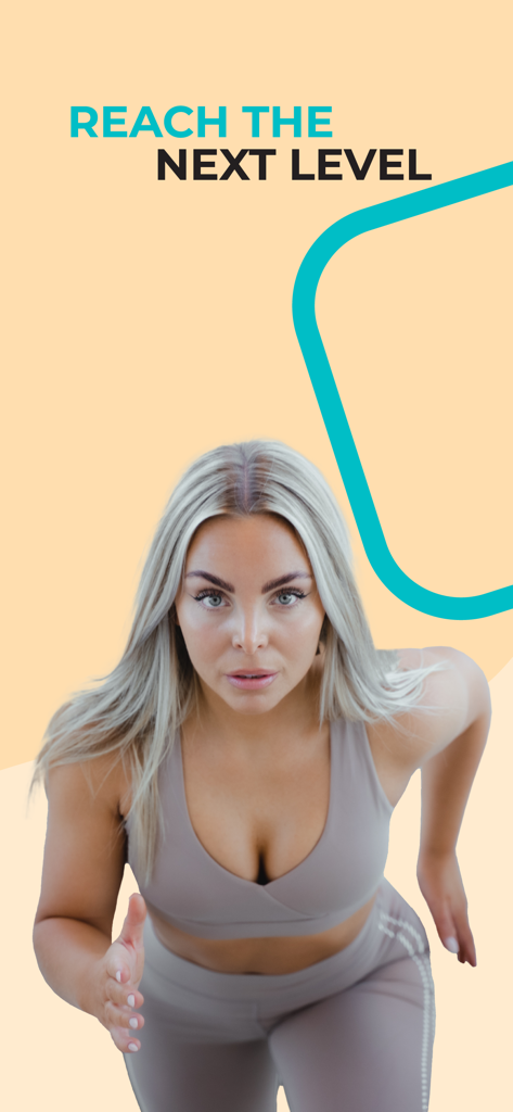 KORE by KOROS - Eine Frau in Sportkleidung rennt mit motivierendem Text "Reach the next level" für die KORE Fitness-App.