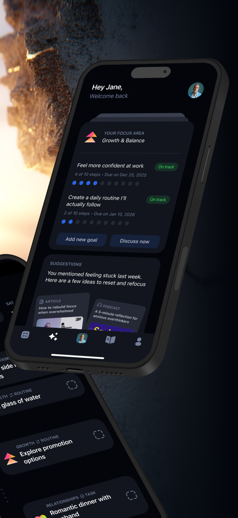 Aligned: AI Coaching & Therapy - Dashboard dell'app Aligned che mostra i progressi dell'utente negli obiettivi di lavoro, fiducia e routine quotidiana con suggerimenti AI