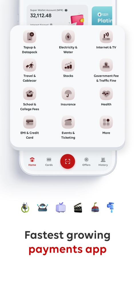 IME Pay app dashboard showing icons for utility payments insurance and ticketing services