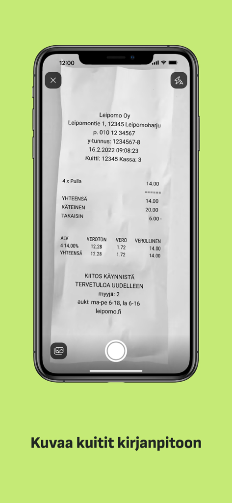 A smartphone using the Fennoa app to scan a paper receipt for digital bookkeeping.