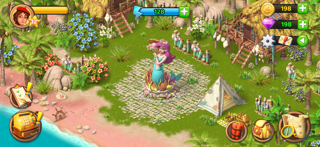 Tuscany Garden-Farm&Adventure - A gameplay screenshot of Tuscany Garden showing a tropical island farm with a mermaid statue, pink sand beach, and decorative huts.