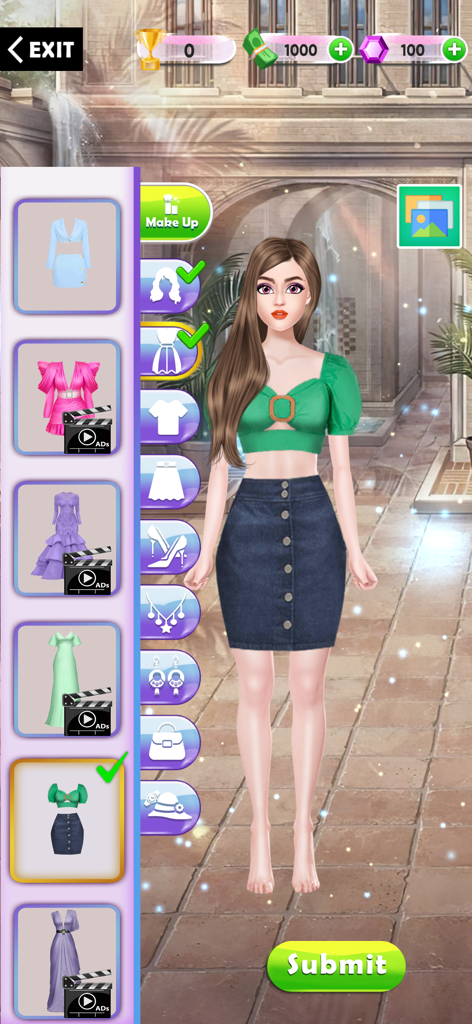 Style World: Fashion Dress up - Un avatar femenino vestido con un top corto verde y una falda vaquera dentro de la interfaz del juego de moda Style World