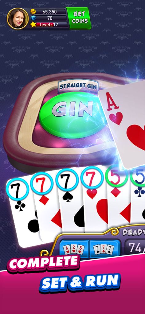 Gin Rummy Plus gameplay screenshot showing a completed set and run with a large Gin button