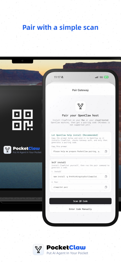 PocketClaw - Remote AI Agent - Pantalla de la aplicación PocketClaw que muestra instrucciones y opciones para emparejar un dispositivo móvil con una puerta de enlace de IA remota mediante código QR o entrada manual.