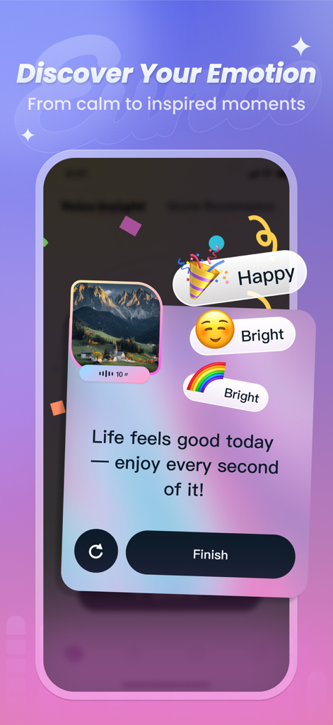 Eunoo - Smartphone screen of Eunoo app displaying emotional discovery with happy and bright mood tags and an uplifting insight