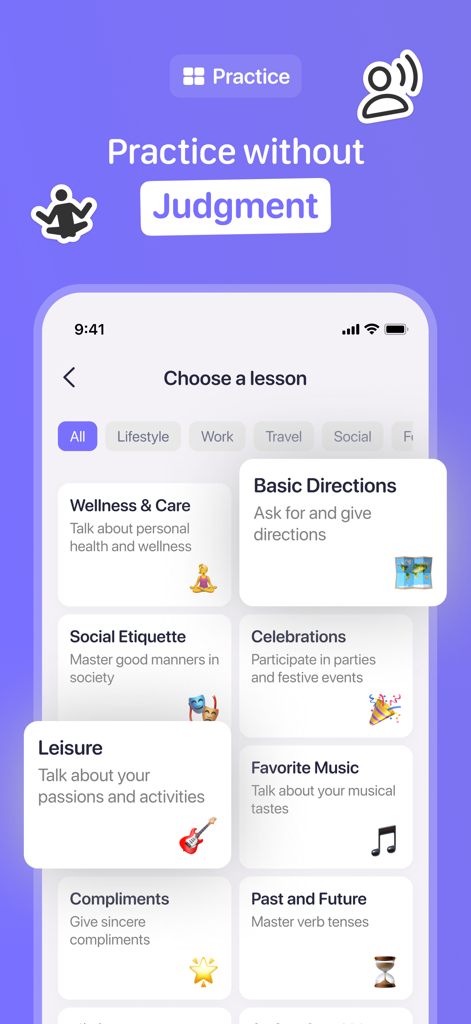 Converly app screen showing various real-life conversation lessons like directions and social etiquette.