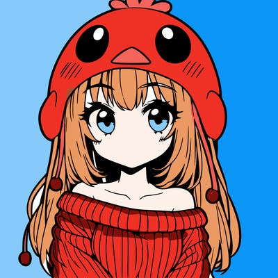 anime girl with chick shaped hat with sweater with bare shoulders with bangs covering them one eye with low tail
