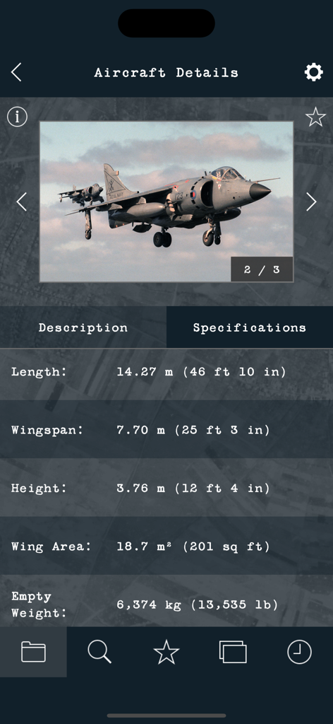 Cold War Military Aircraft - Technical specifications screen showing length wingspan and weight of a military jet
