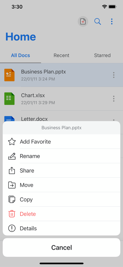 Startbildschirm der Polaris Viewer Mobile App, der eine Dokumentenliste und ein Menü mit Optionen zum Hinzufügen von Favoriten, Umbenennen, Freigeben, Verschieben und Kopieren von Dateien anzeigt