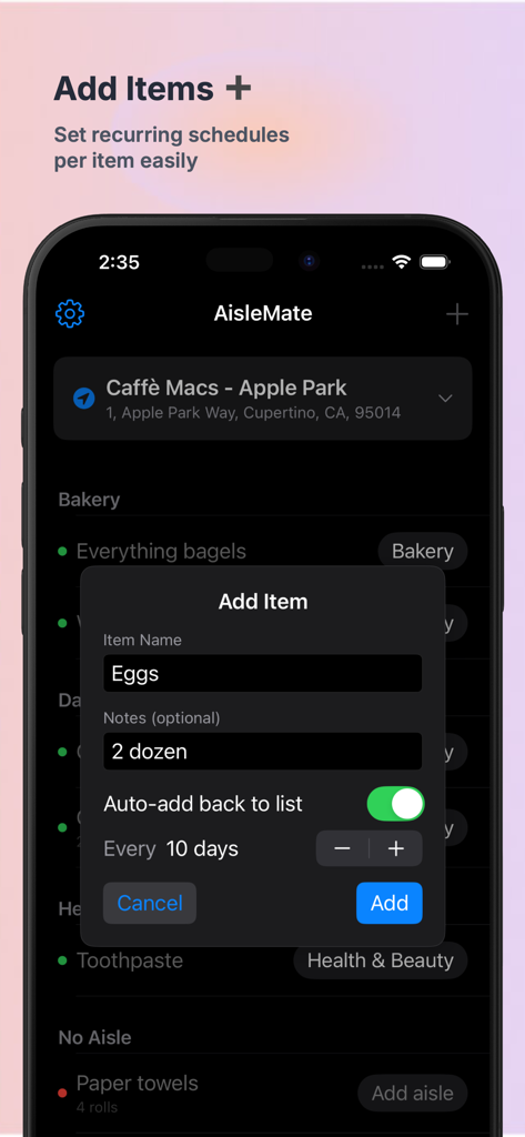AisleMate: Grocery Aisle List - AisleMate app interface for adding a new grocery item with a recurring schedule.